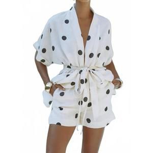 NEW ONE FASHION polka dot tie-up kimono and shorts set in white